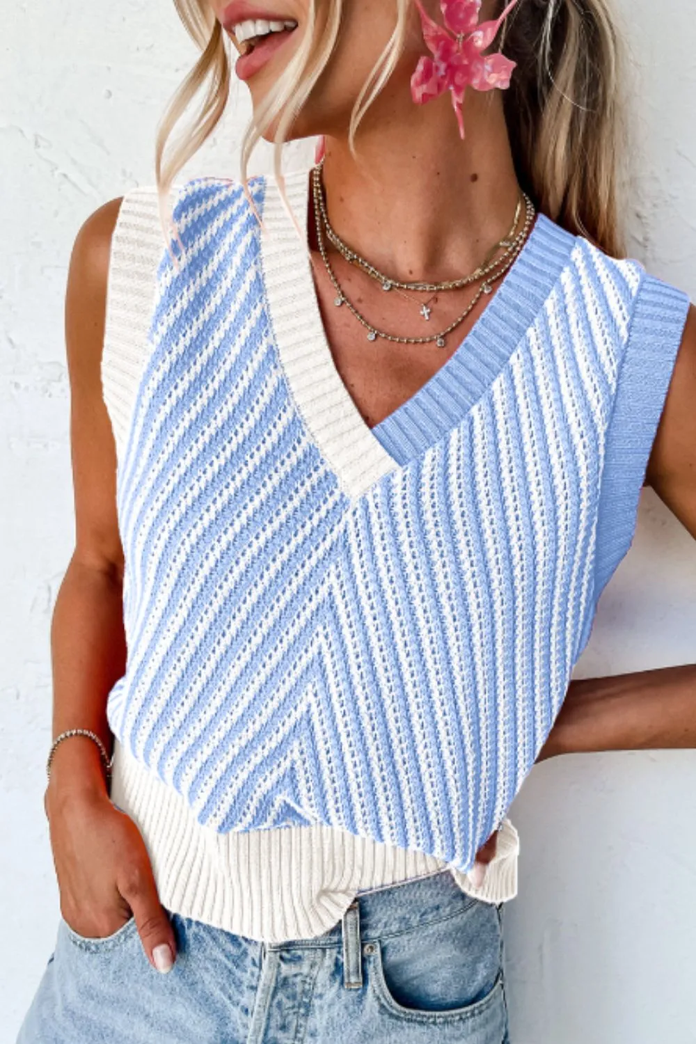 Striped Contrast V-Neck Sweater Vest, image 8