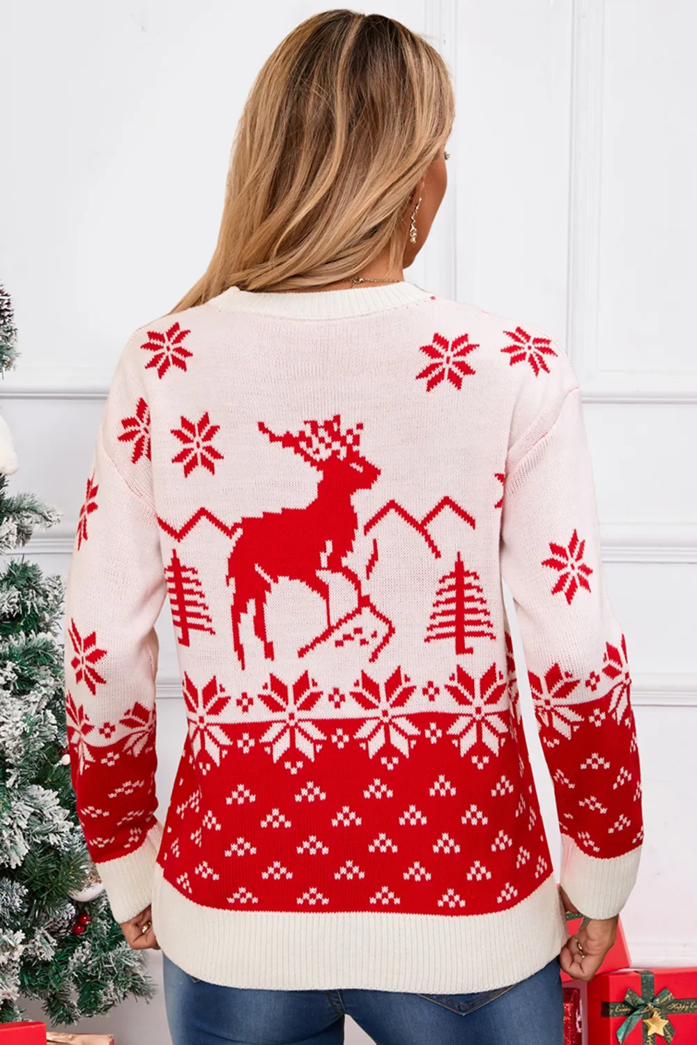 Deer Pattern Round Neck Long Sleeve Sweater, image 9