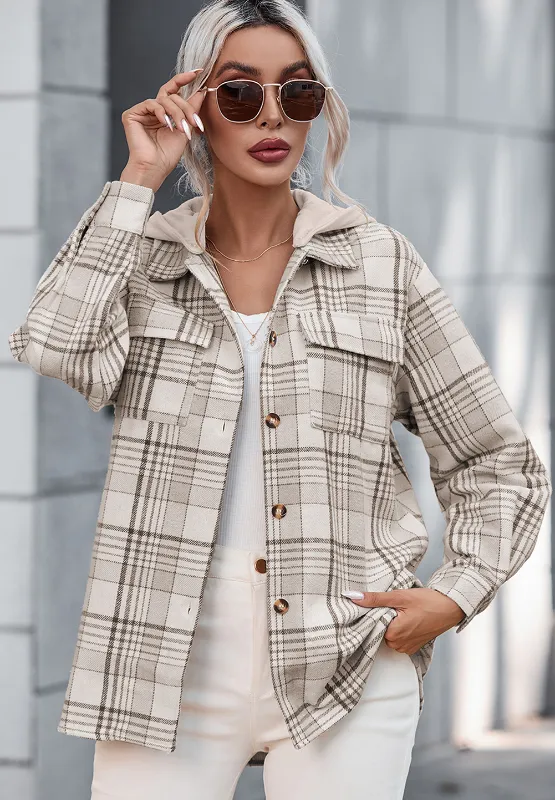 Plaid Removable Hood Button Up Shacket, image 10