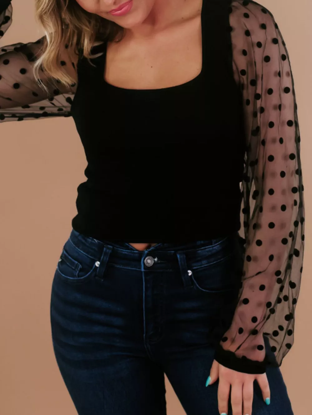 Mesh Patchwork Square Neck Blouse