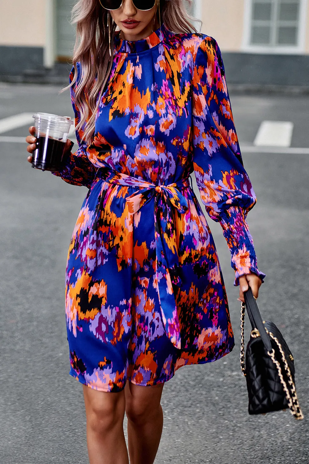 Printed Tie Waist Mock Neck Lantern Sleeve Dress, image 14