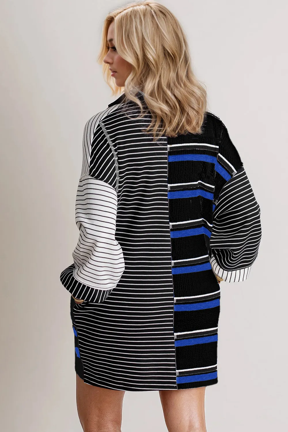 Full Size Striped Half Button Long Sleeve Mini Dress, image 2