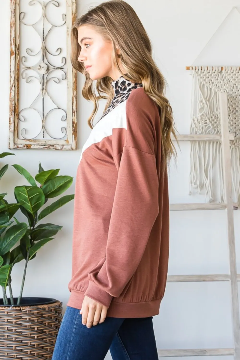 Full Size Leopard Quarter Zip Mock Neck Sweatshirt, image 3
