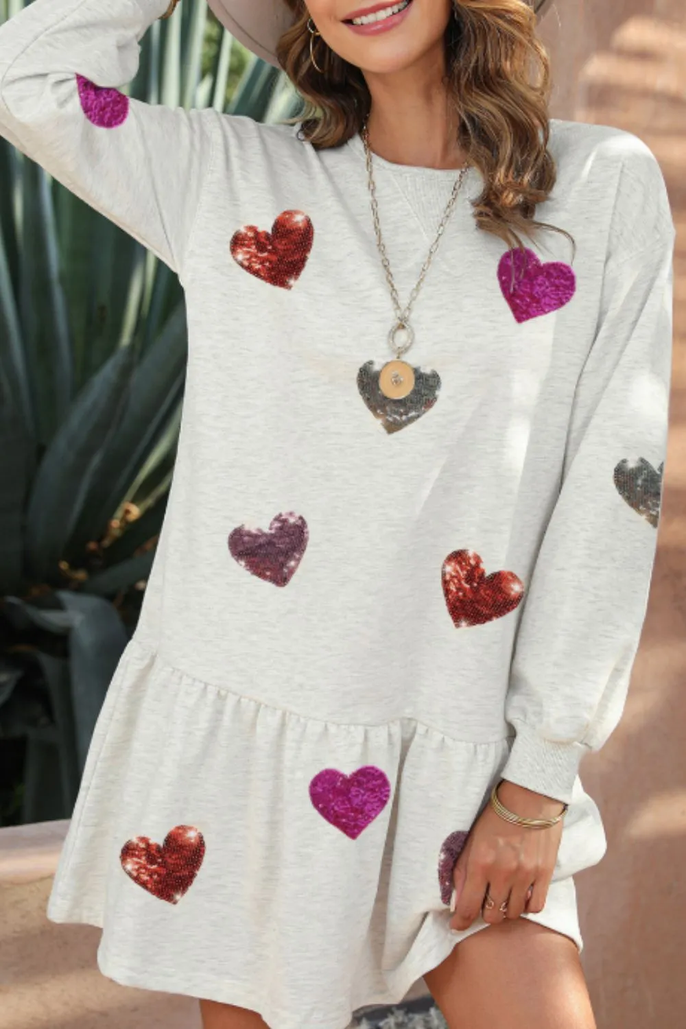 Sequin Heart Round Neck Long Sleeve Mini Dress, image 8