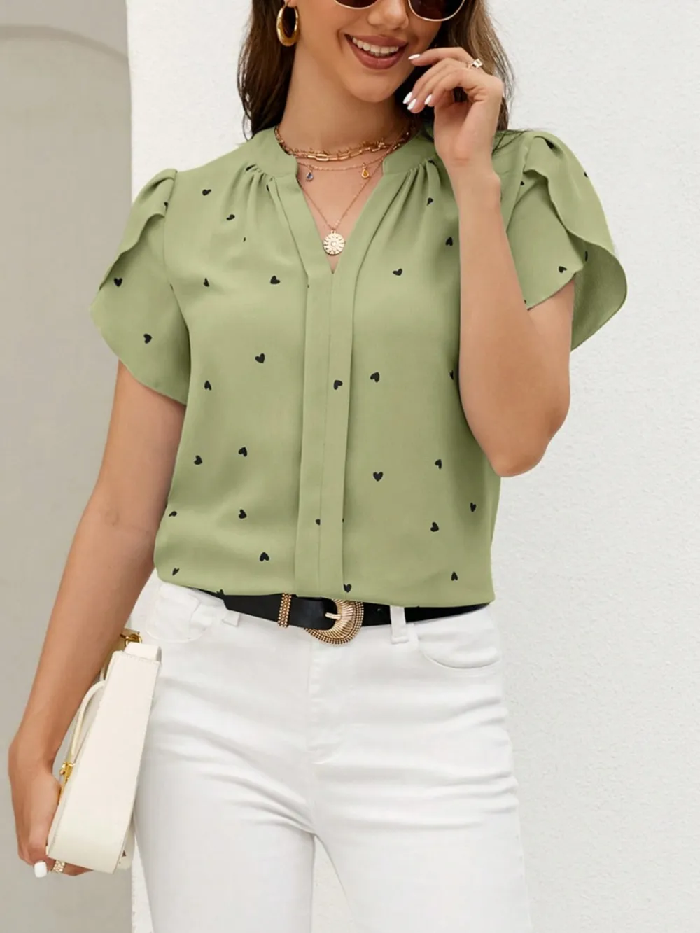 Heart Print Notched Petal Sleeve Blouse, image 20