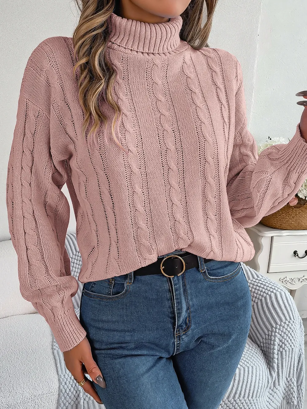 Cable-Knit Turtleneck Dropped Shoulder Sweater, image 3