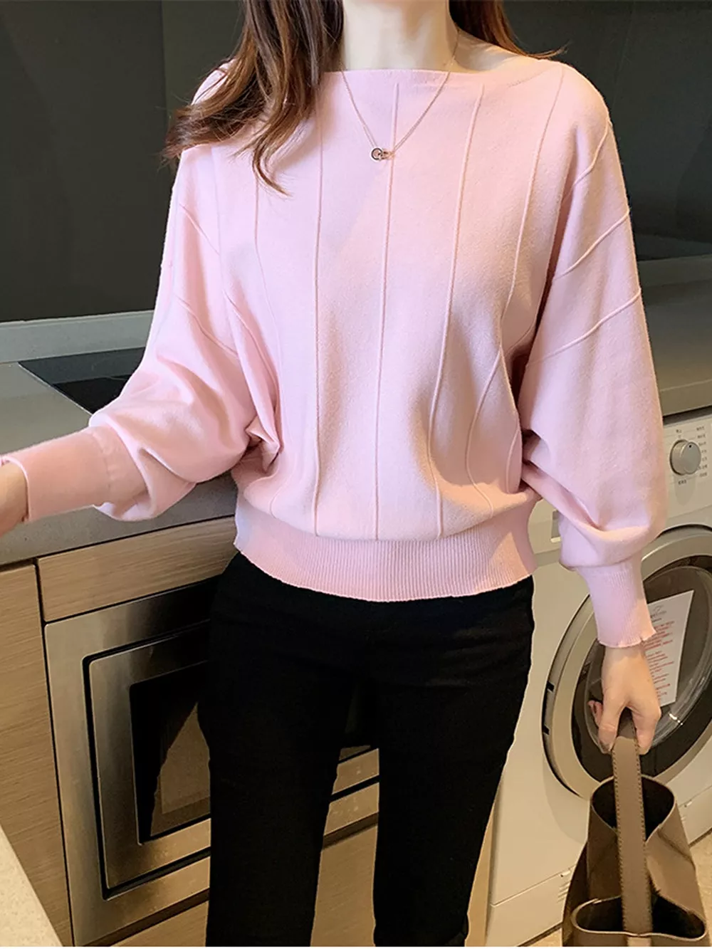 Ribbed Hem Batwing Sleeve Knit Top, image 2