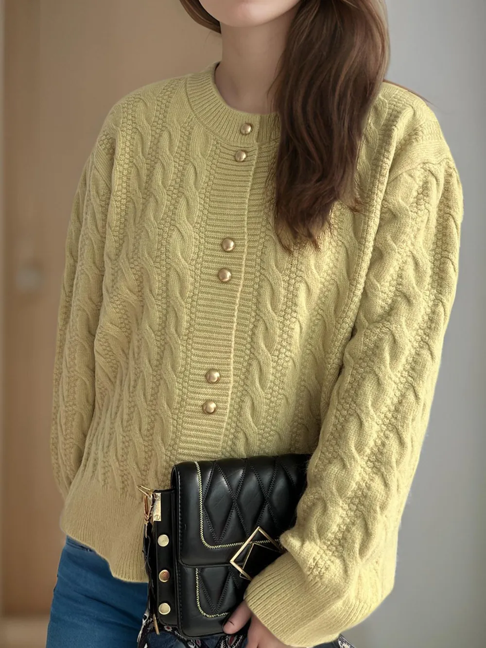 Cable-Knit Round Neck Long Sleeve Cardigan, image 29