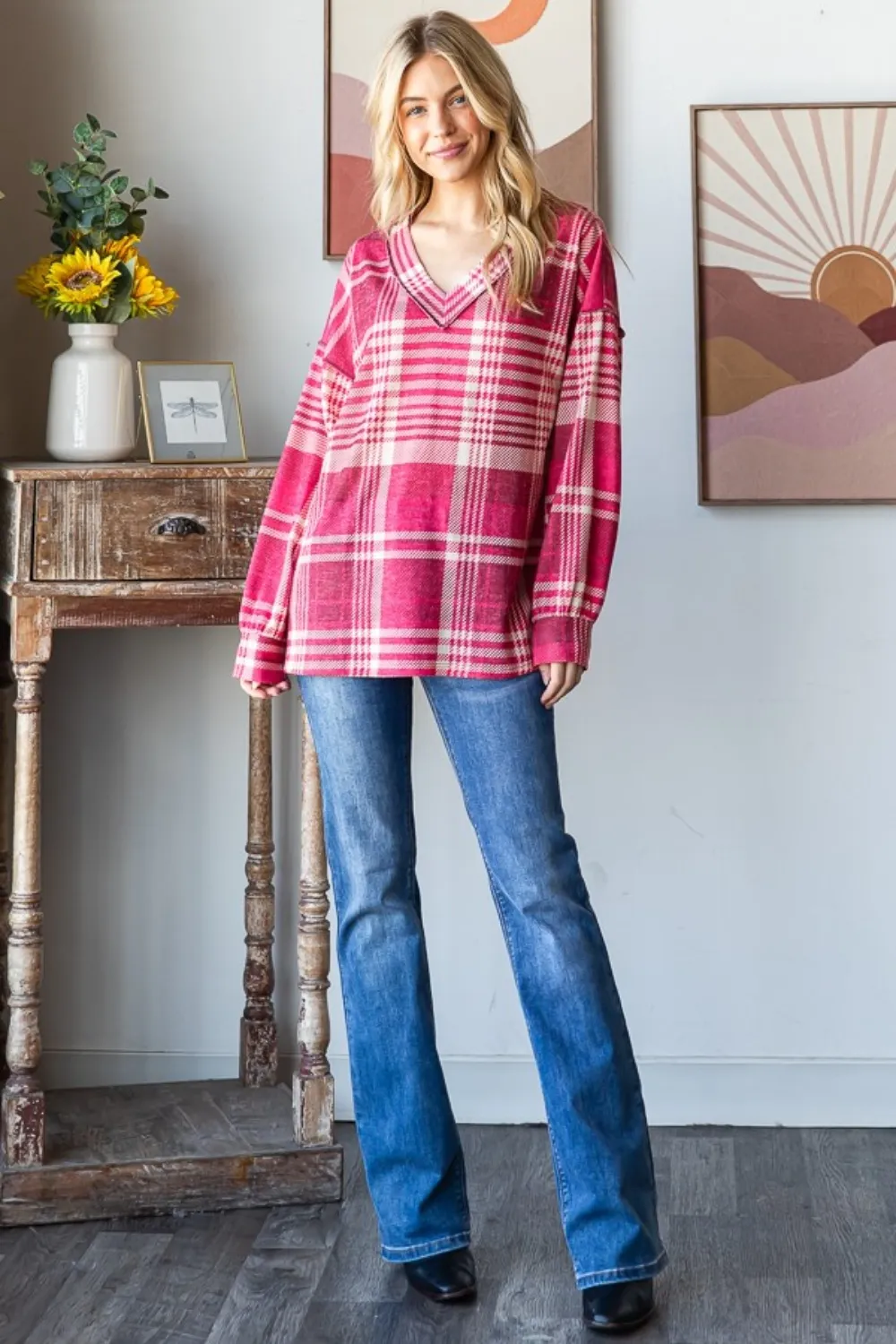 Plaid Drop Shoulder V-Neck T-Shirt, image 6