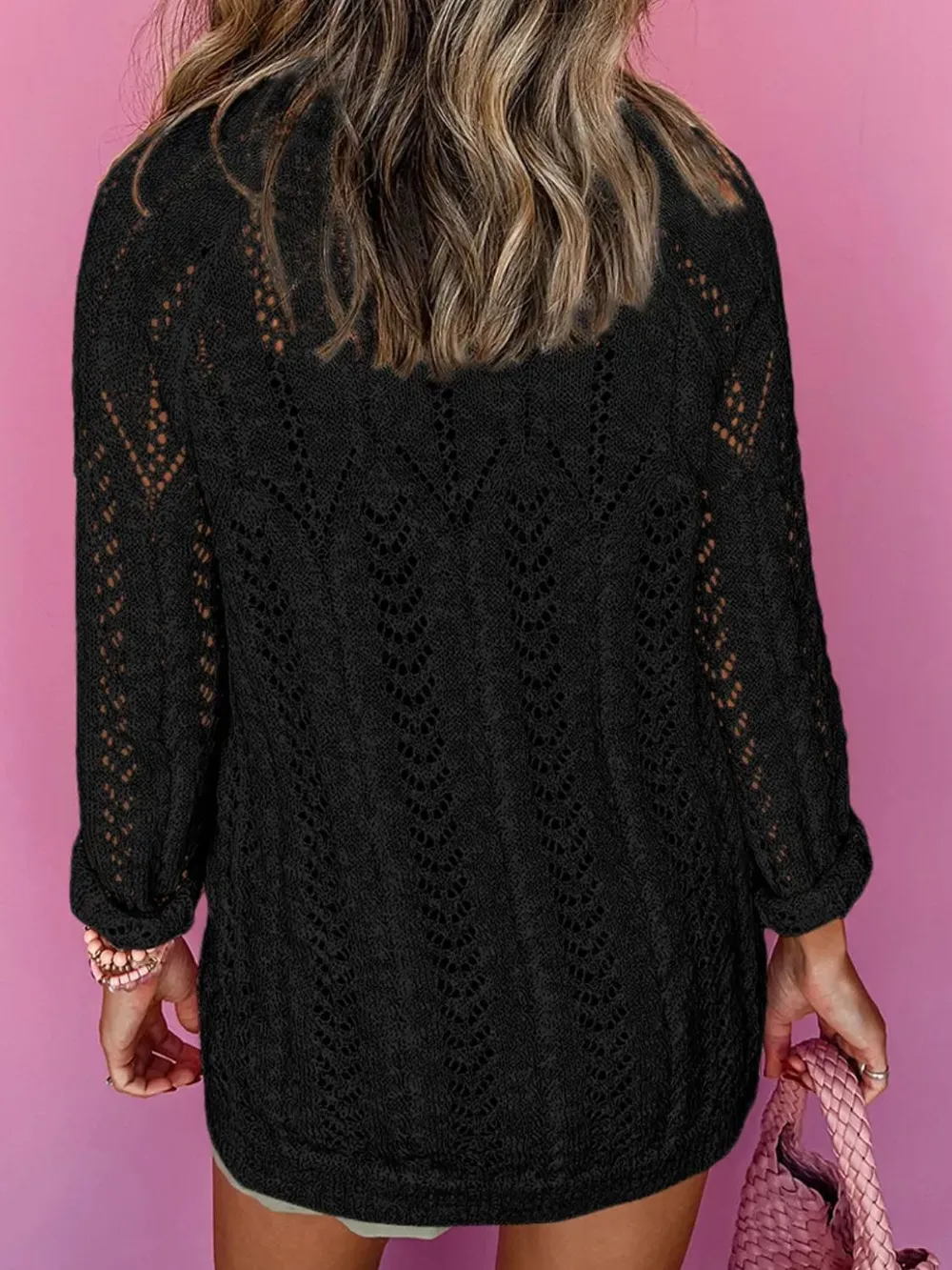 Openwork Open Front Long Sleeve Cardigan, image 3