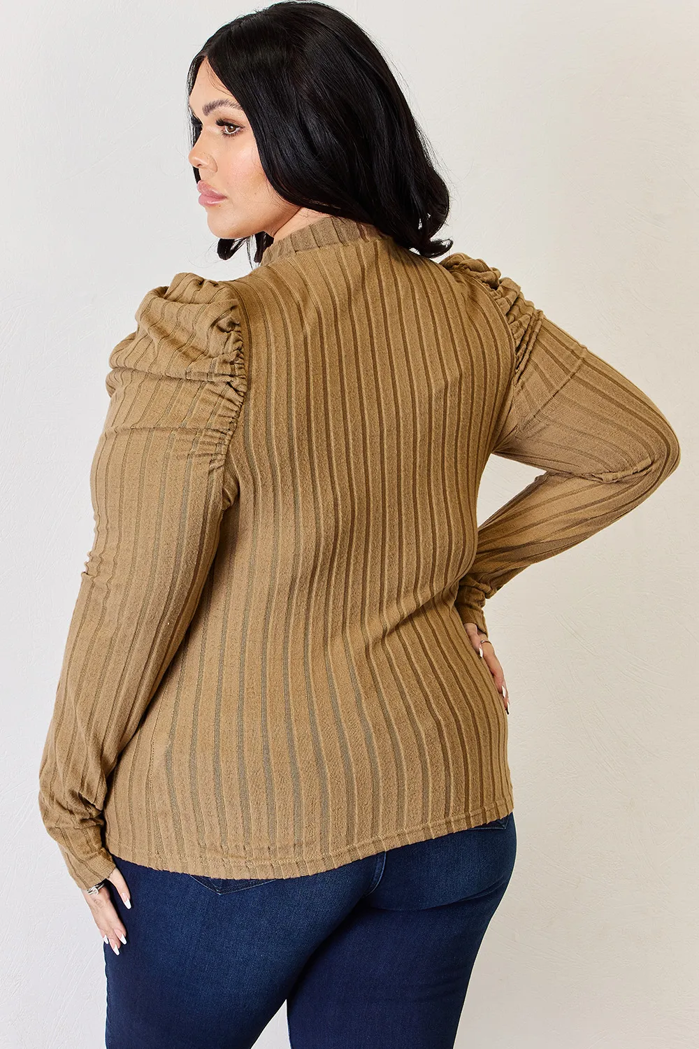 Full Size Ribbed Mock Neck Puff Sleeve T-Shirt, image 22