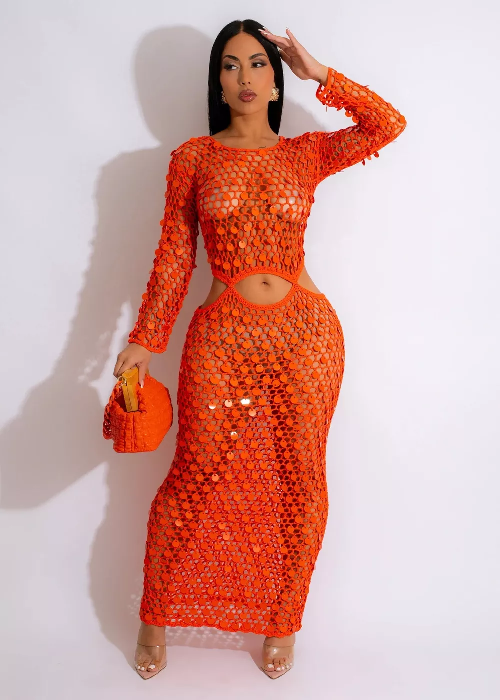 Sequin Mesh Cutout Maxi Dress, image 10