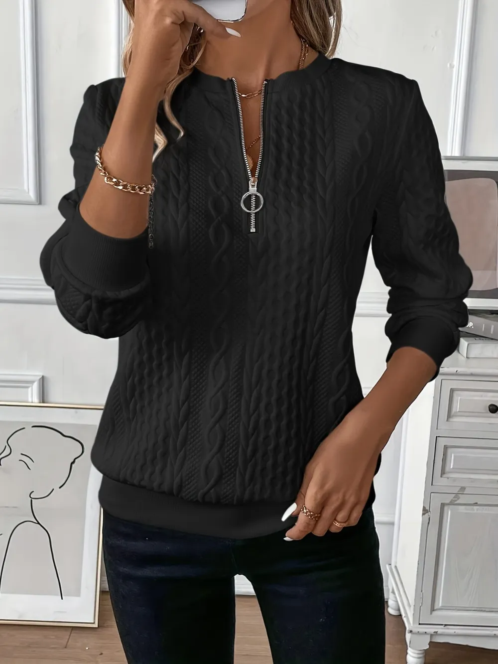 Texture Half Zip Long Sleeve Sweatshirt, image 14