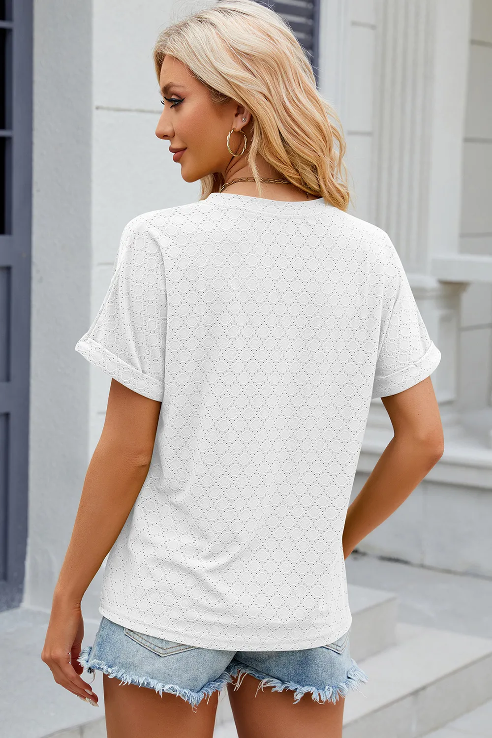 Eyelet Notched Short Sleeve T-Shirt, image 18