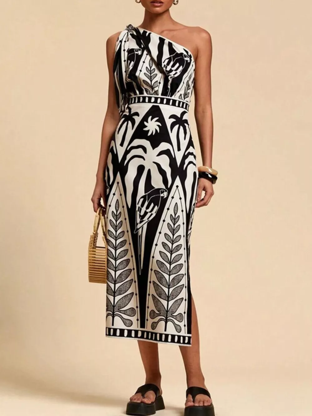 One-Shoulder Tropical Print Midi Dress, image 5