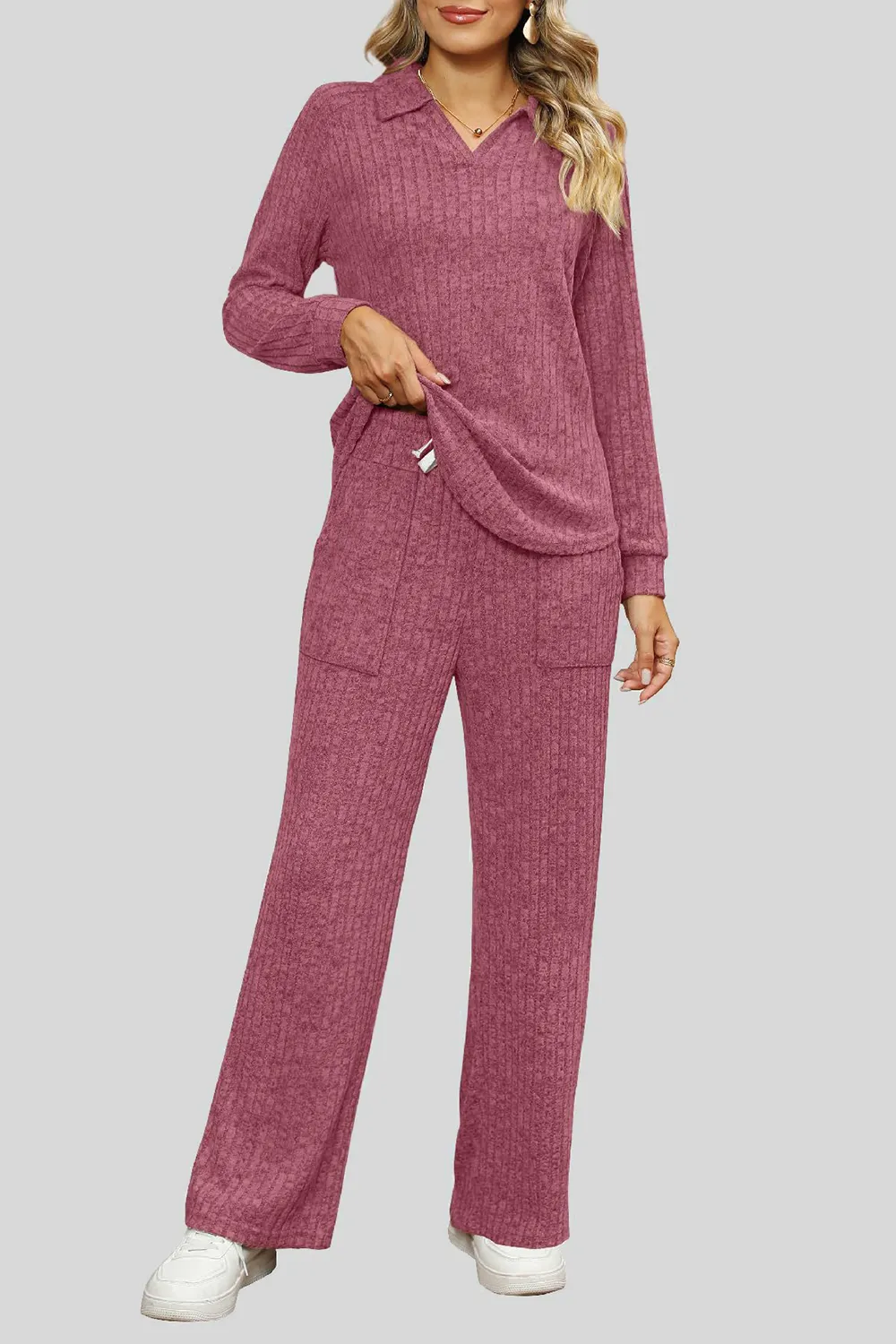 Ribbed Long Sleeve Top and Pocketed Pants Set, image 14