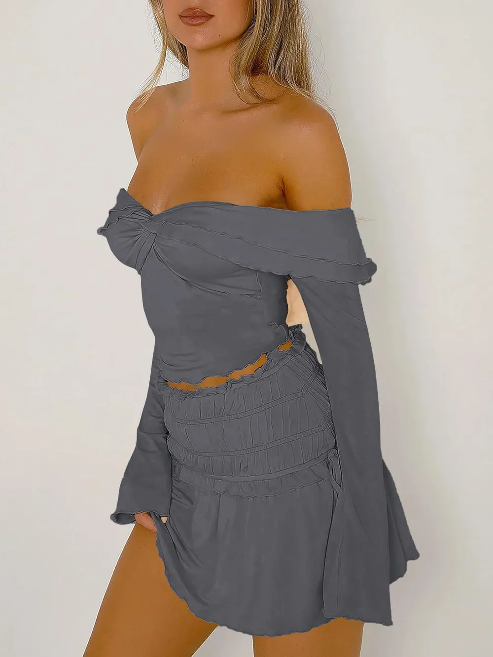 Twisted Ruffled Off-Shoulder Long Sleeve T-Shirt, image 10