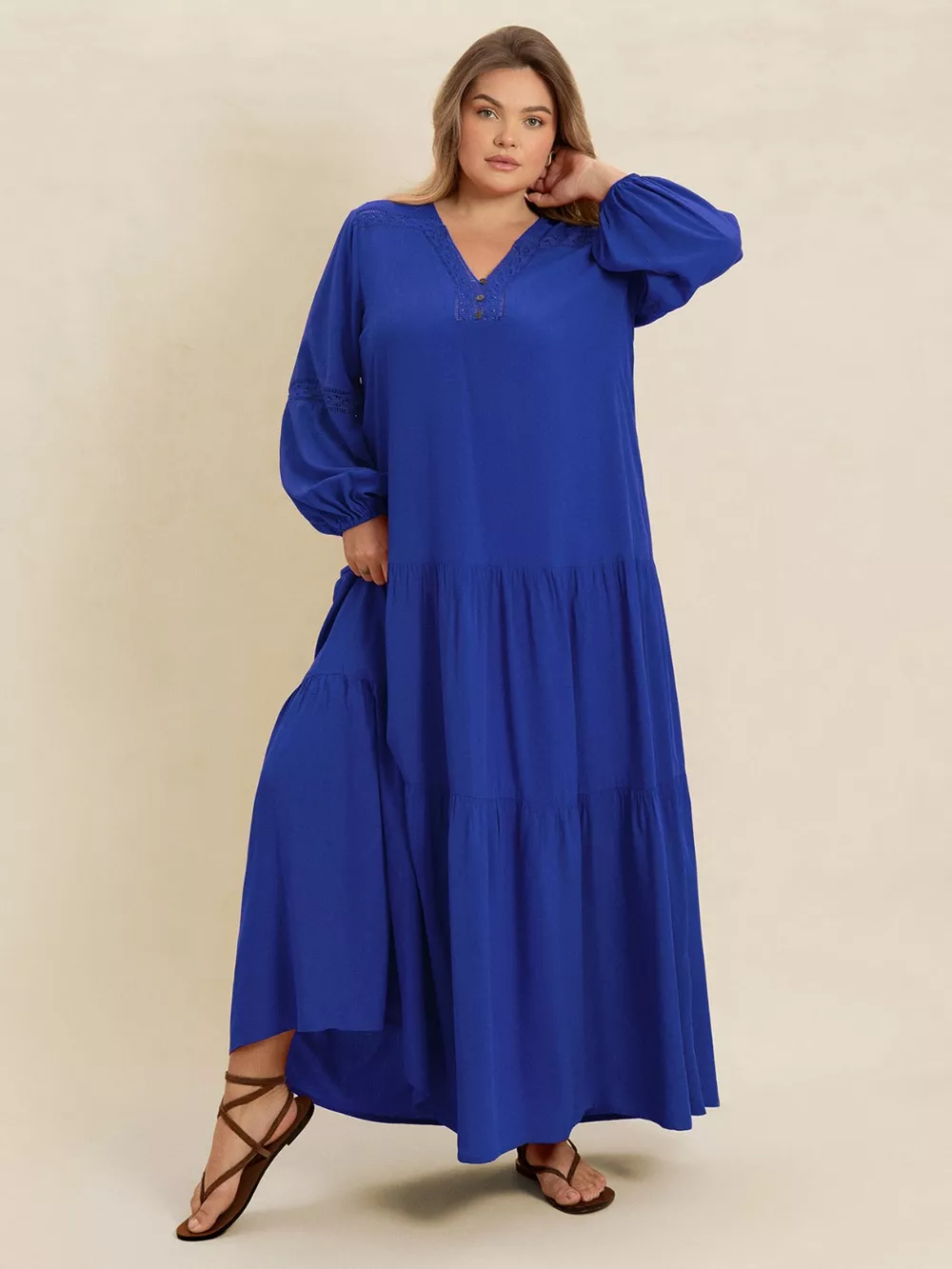 Plus Size Bohemian Tiered Maxi Dress with Balloon Sleeves, image 19