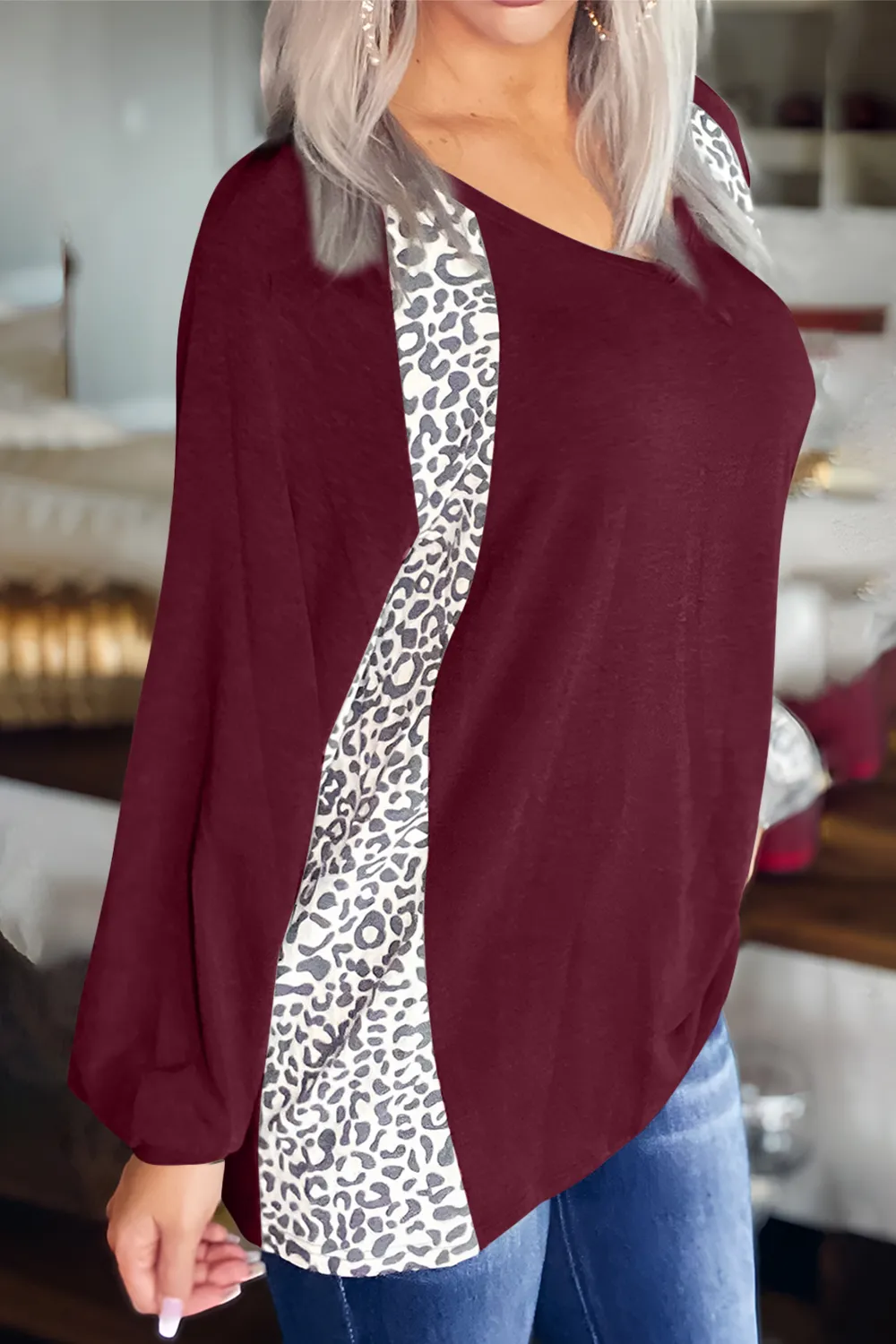 Full Size Leopard V-Neck Long Sleeve T-Shirt, image 10
