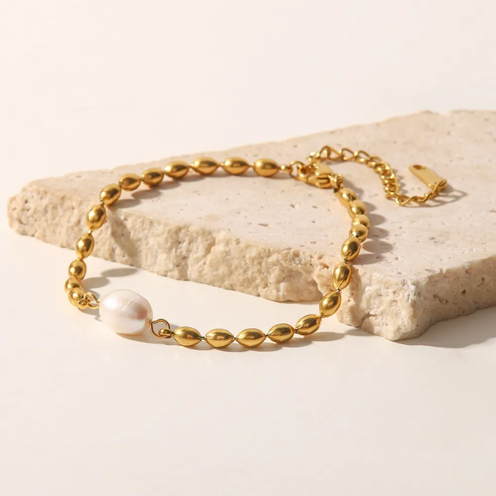 Pearl and Gold Chain Jewelry Set with Necklace and Bracelet, image 6