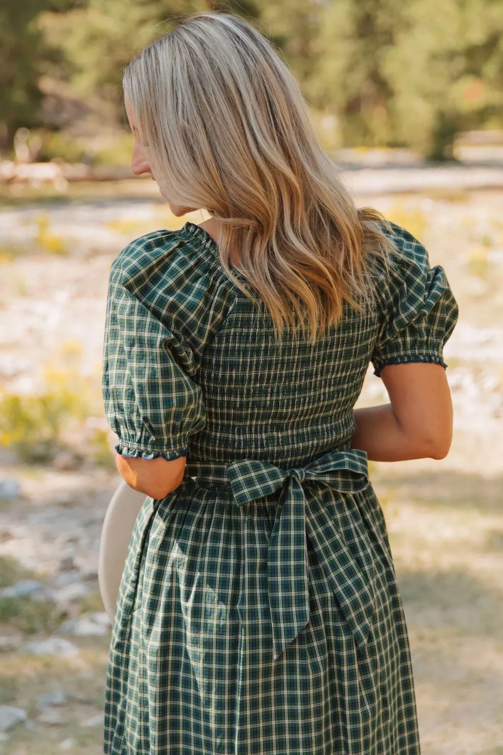 Plaid Square Neck Shirred High Waist Ruffle Hem Maxi Dress, image 5