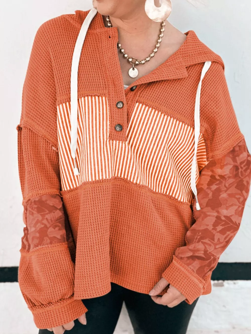 Waffle Knit Color Block Striped Drawstring Hoodie, image 3