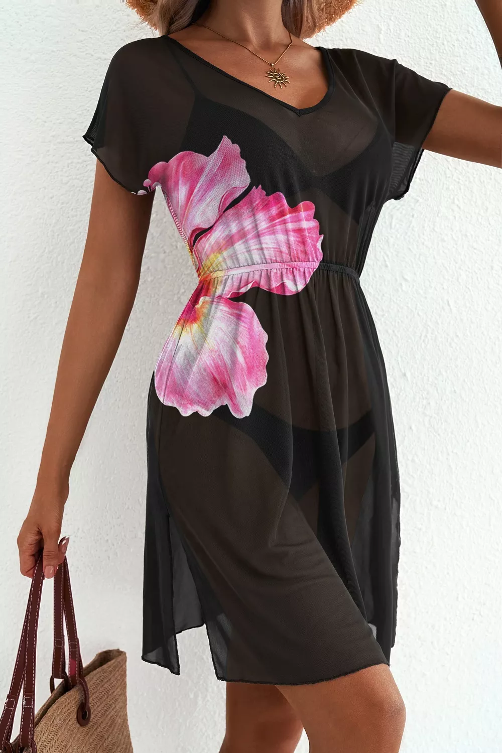 e Floral Print V Neck Semi Sheer Beach Cover Up Dress, image 4