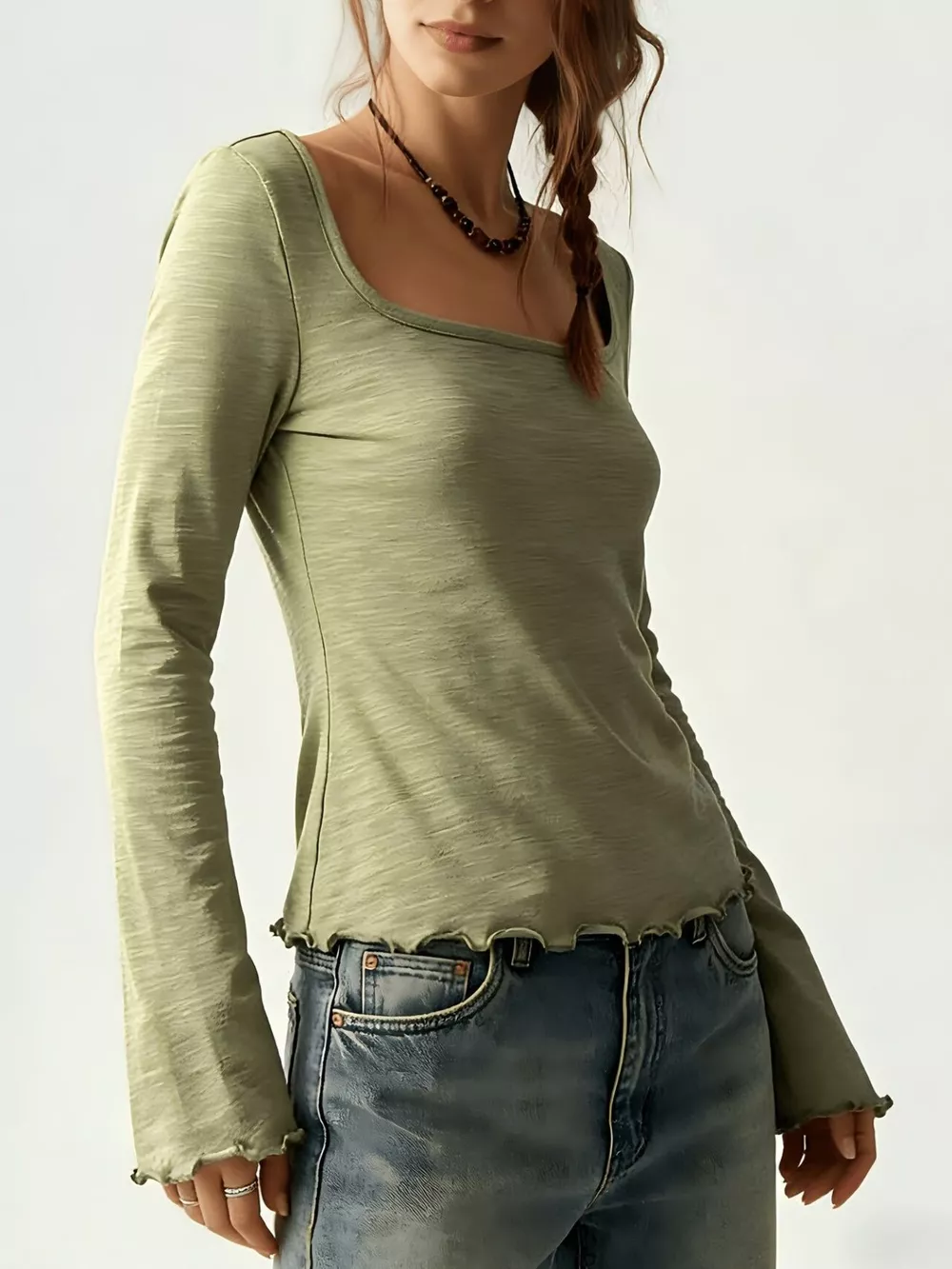 Long Sleeve Square Neck Slim-Fit T-Shirt, image 8