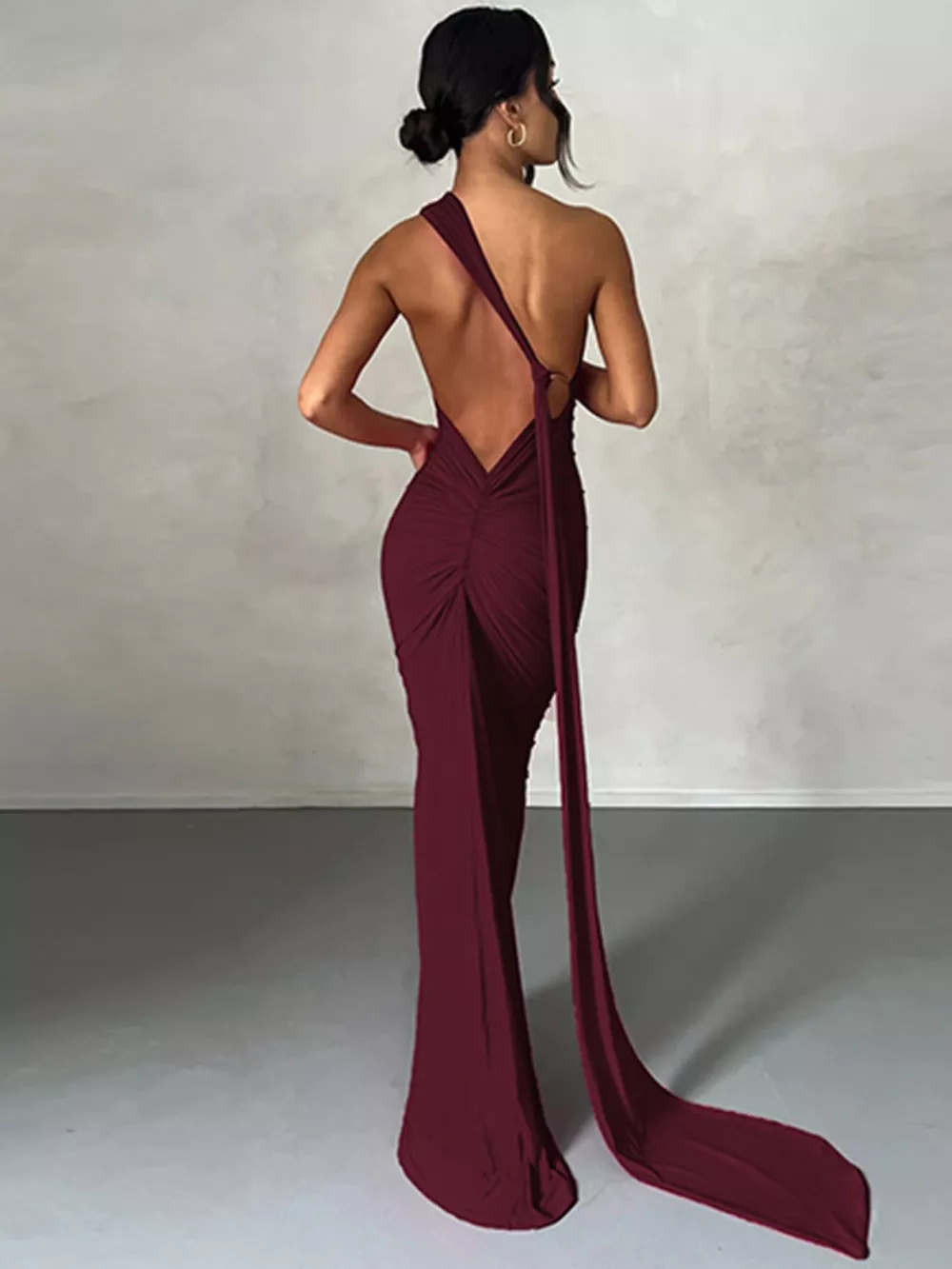Backless One-Shoulder Ruched Bodycon Maxi Dress, image 22