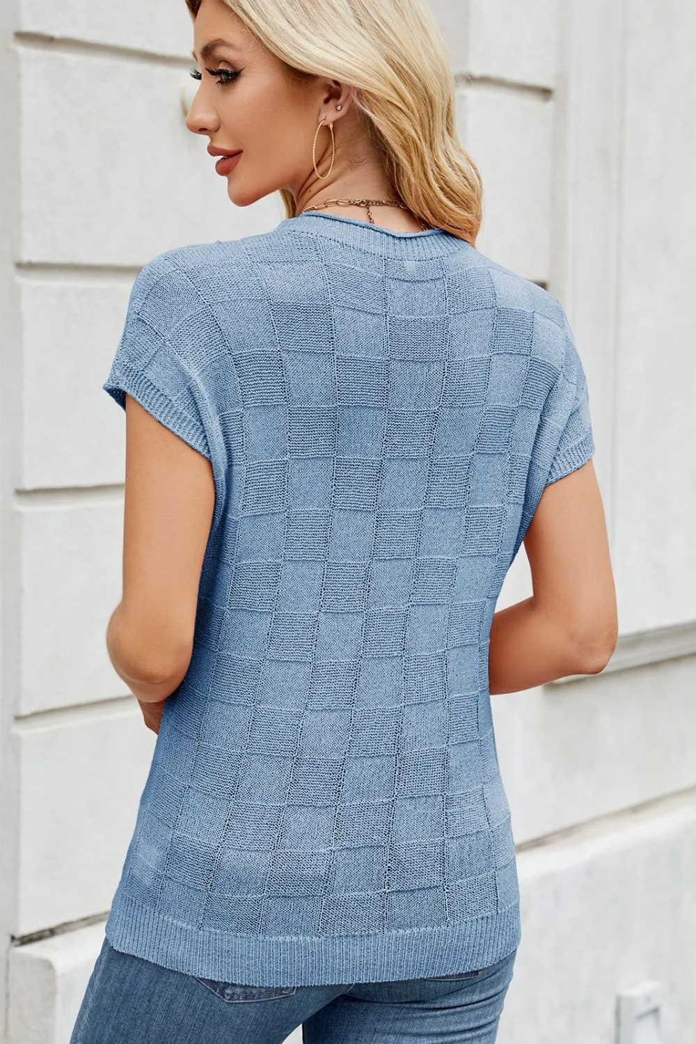 Checkered Round Neck Short Sleeve Knit Top, image 13