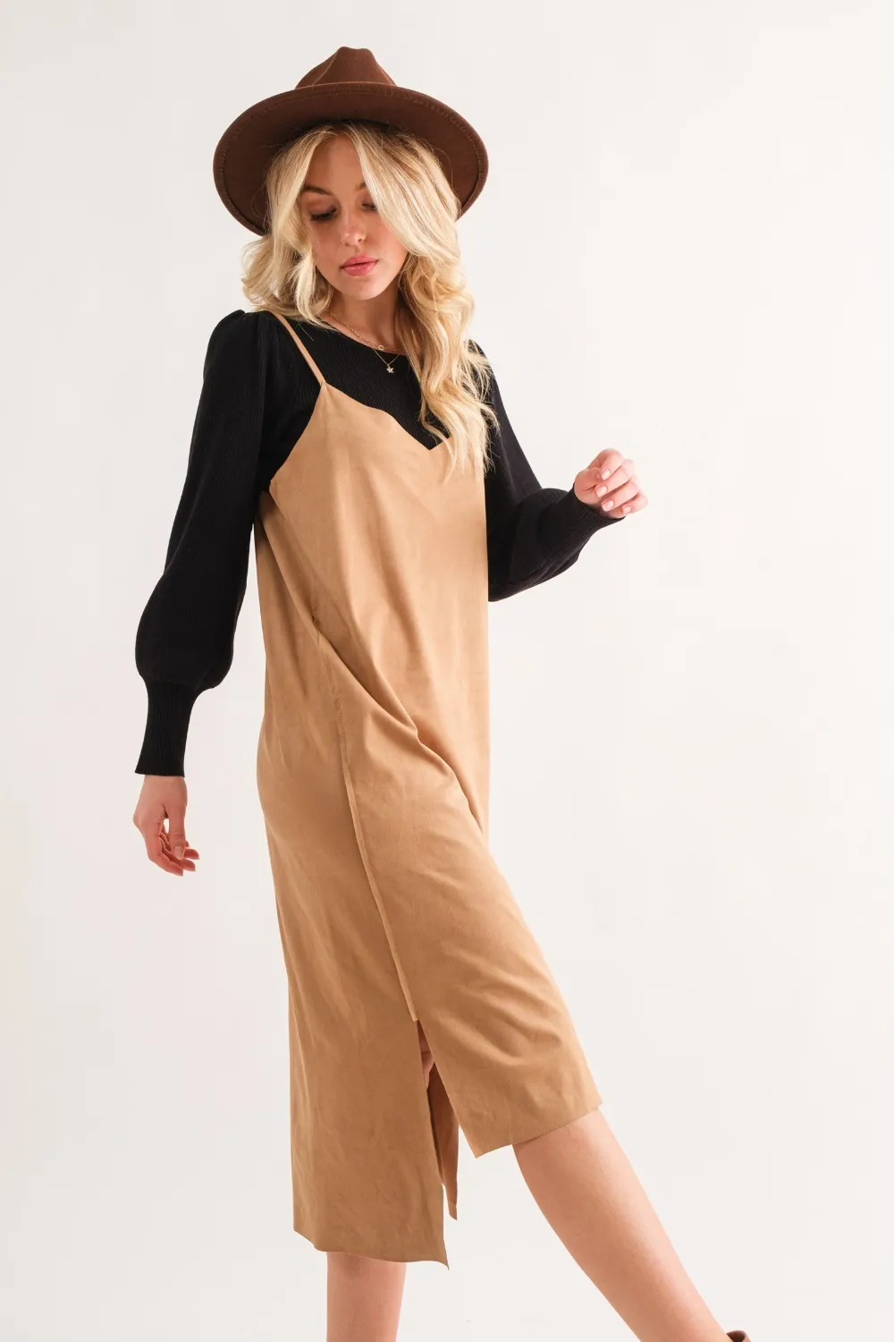 Faux Suede Cut Edge Slit Cami Midi Dress, image 2