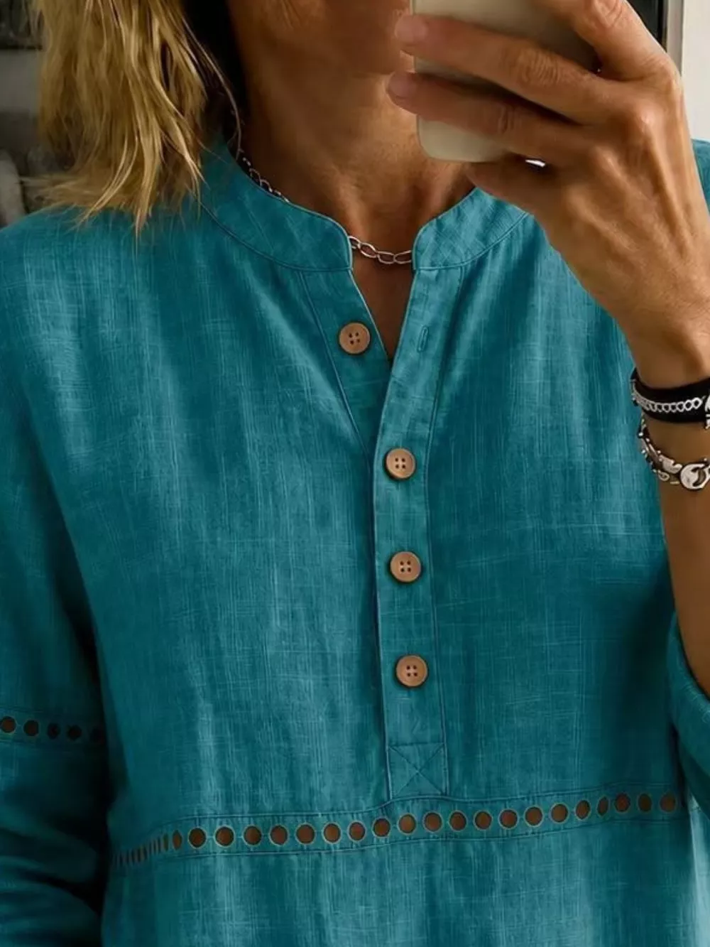 Full Size Button Detail Eyelet Long Sleeve Blouse Plus Size, image 20
