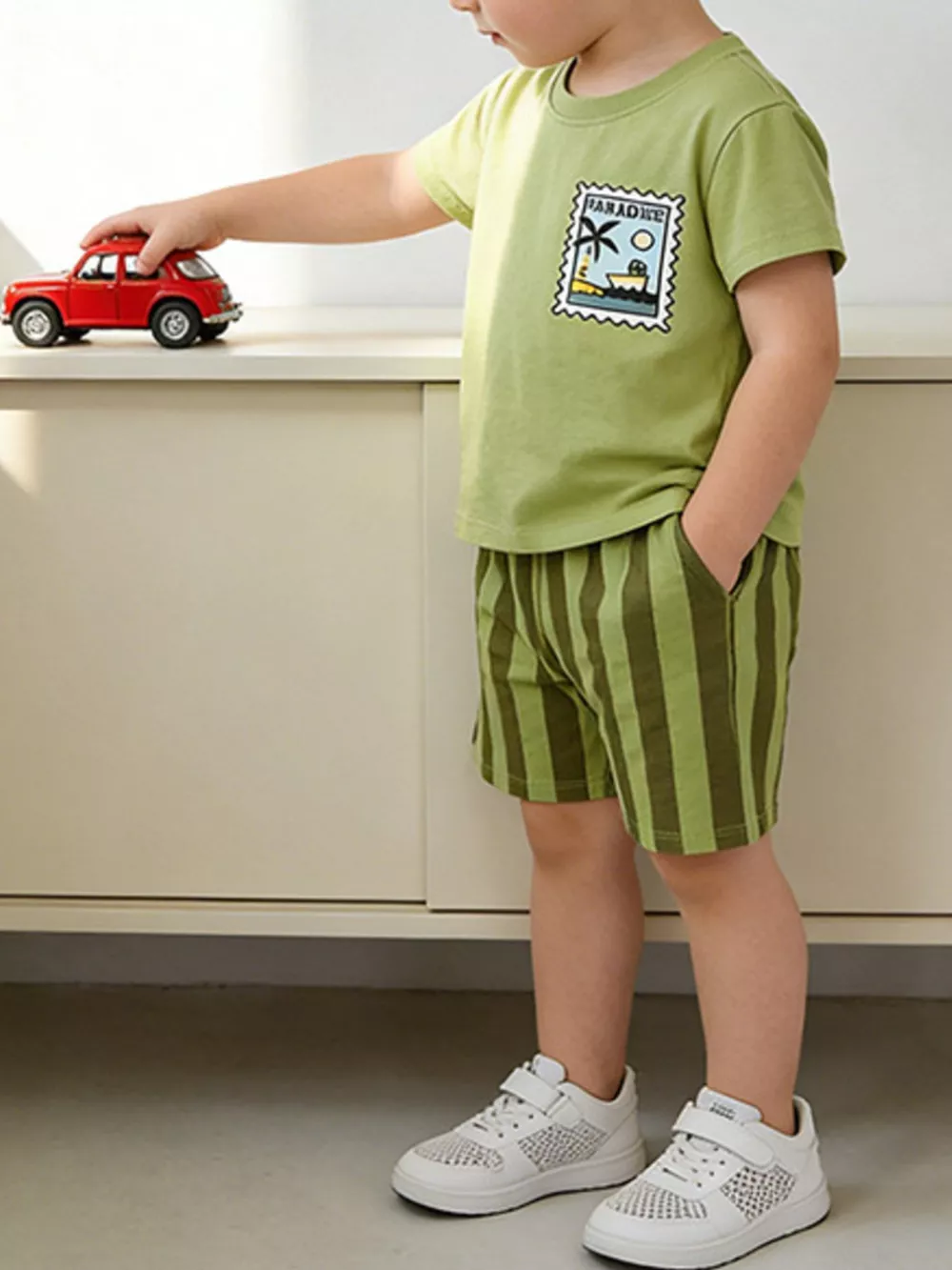 Children's Stamp Graphic Tee & Striped Shorts Set, image 3