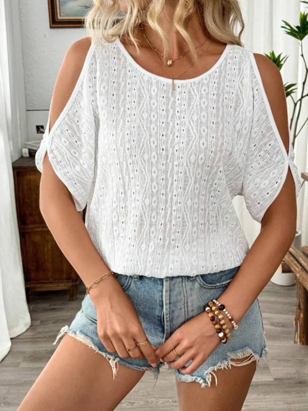 Eyelet Cold Shoulder Round Neck Blouse, image 11