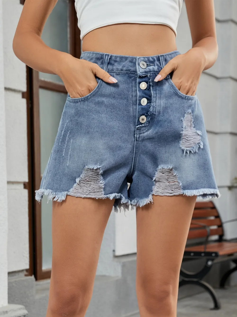 Distressed Raw Hem Denim Shorts, image 9