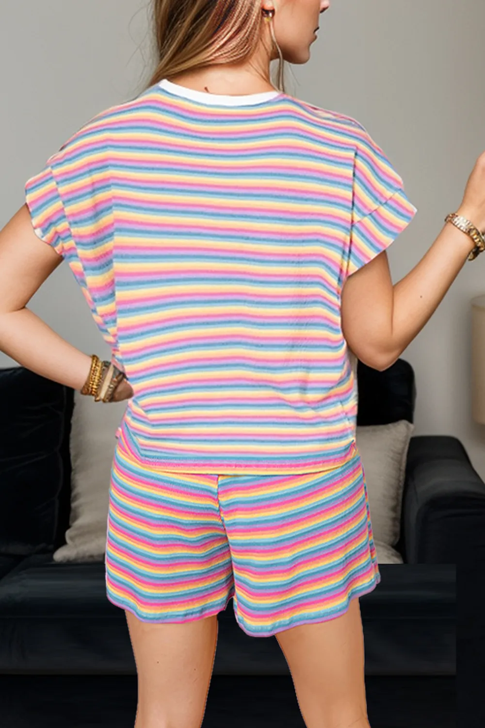 Striped Round Neck Top and Shorts Set, image 2