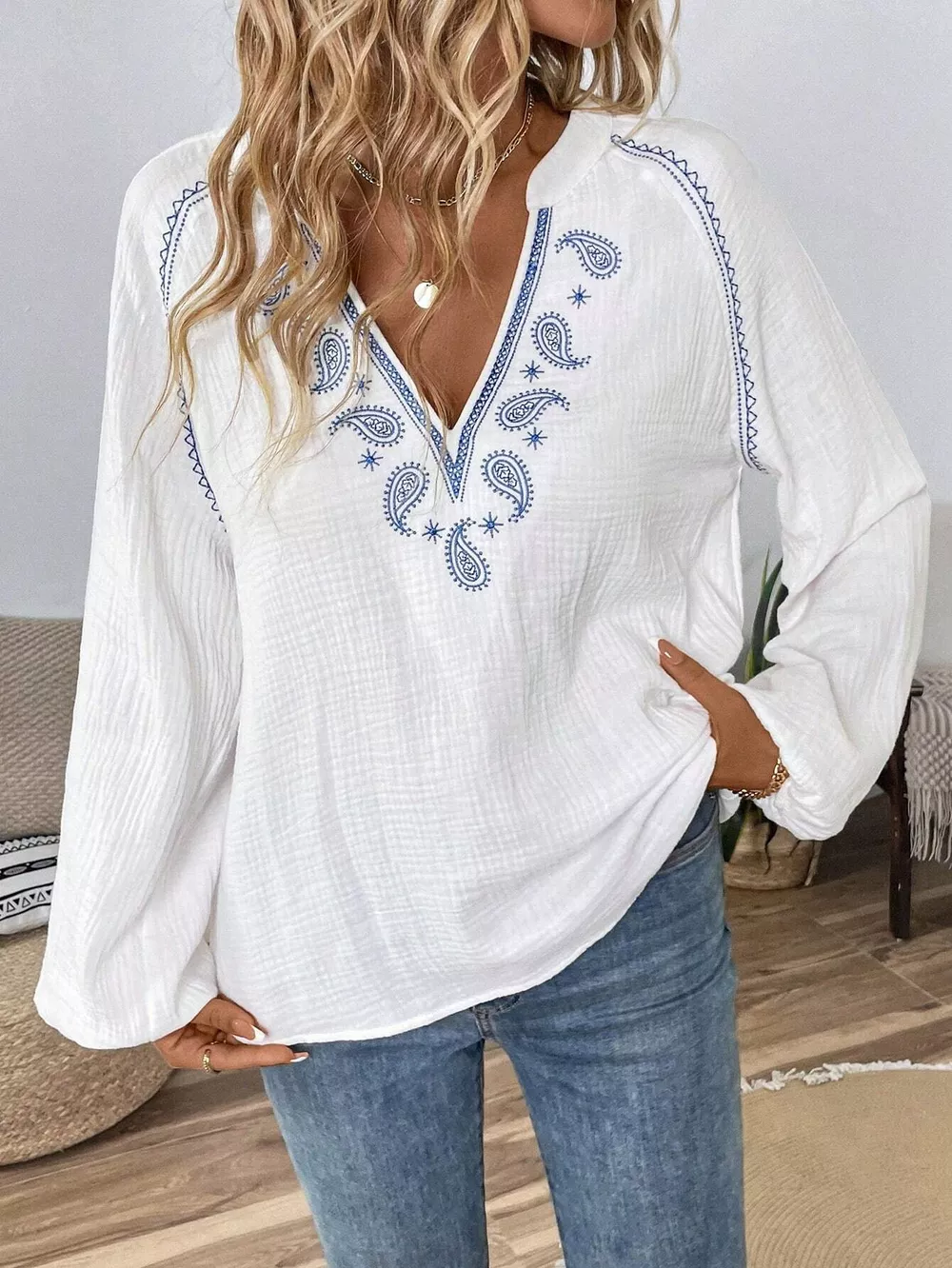 Paisley Notched Balloon Sleeve Blouse, image 2