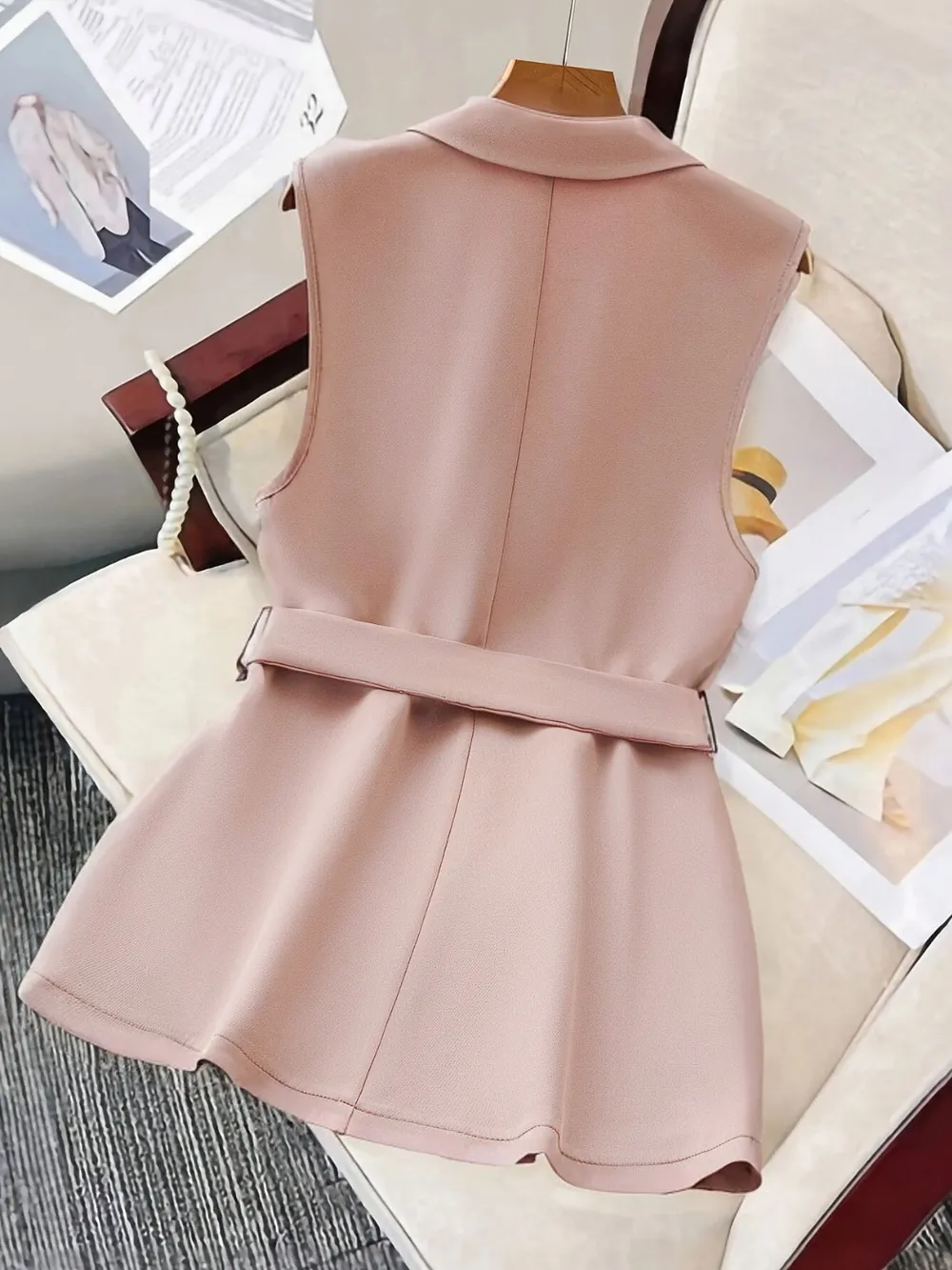 Tie Waist Lapel Collar Sleeveless Blazer, image 3