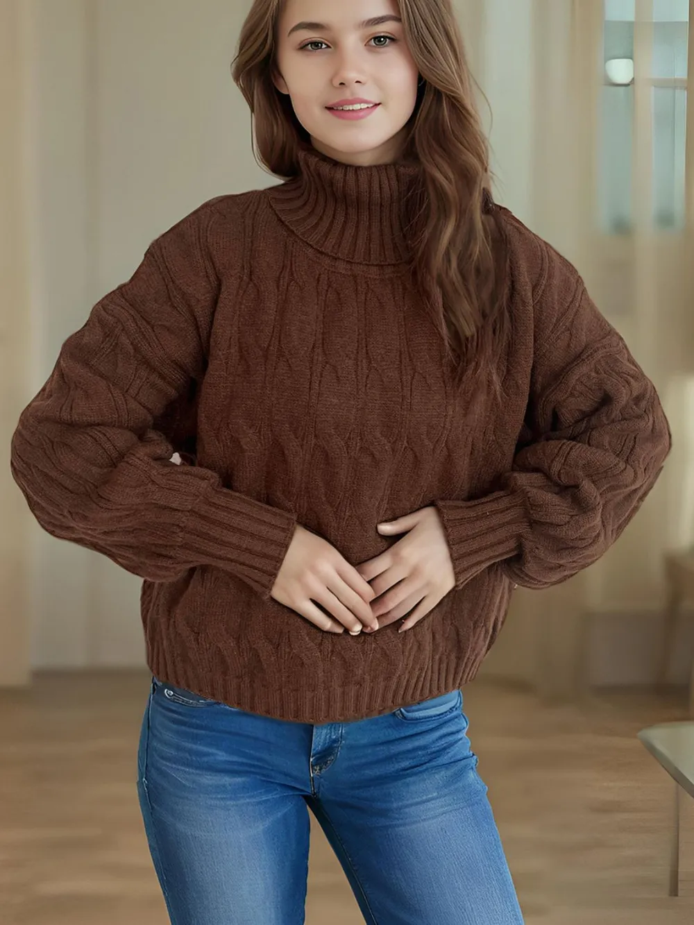 Cable-Knit Turtleneck Long Sleeve Sweater, image 22