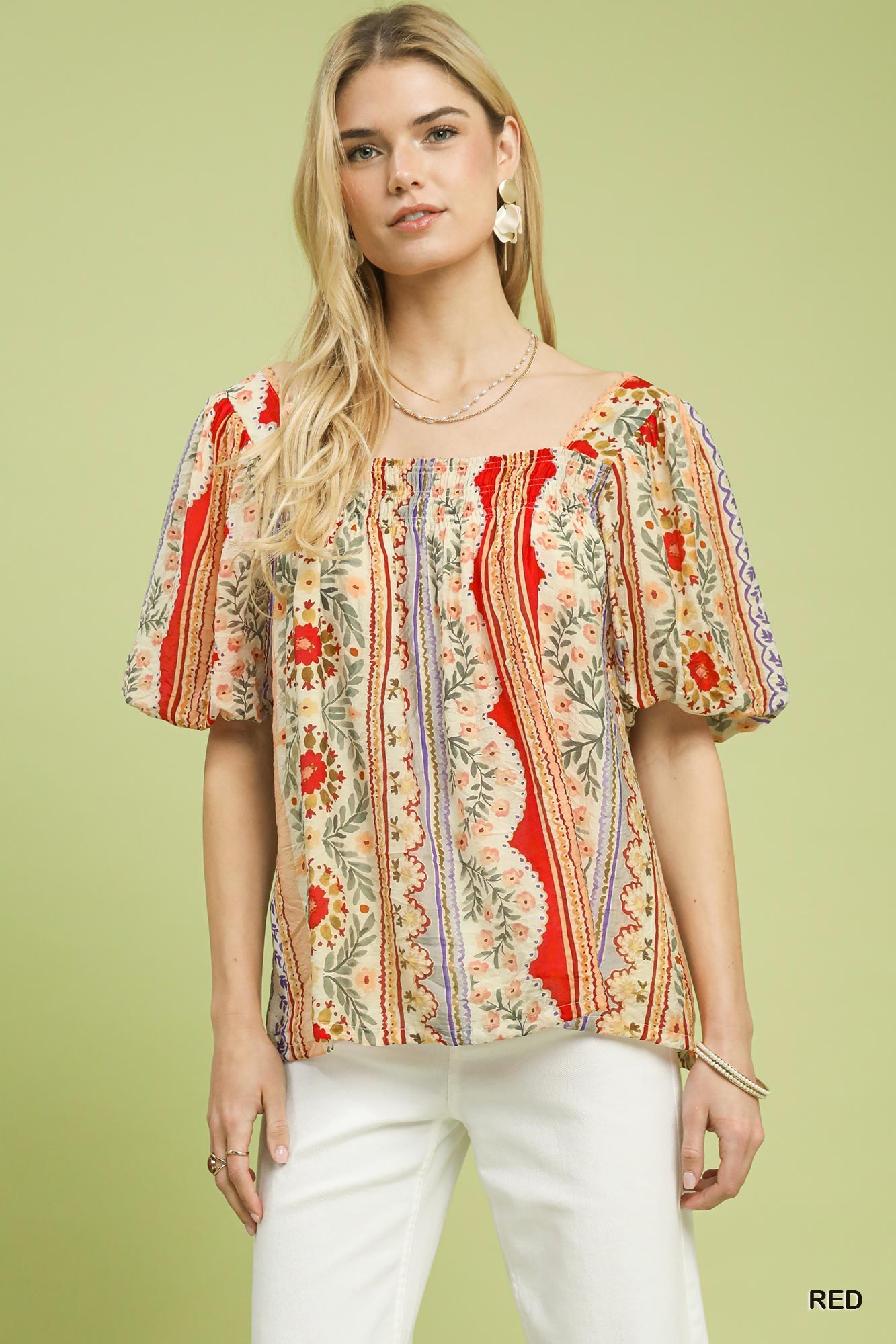 Patchwork Puff Sleeve Smocked Blouse