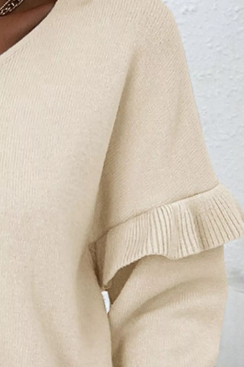 V-Neck Ruffle Trim Long Sleeve Sweater, image 6