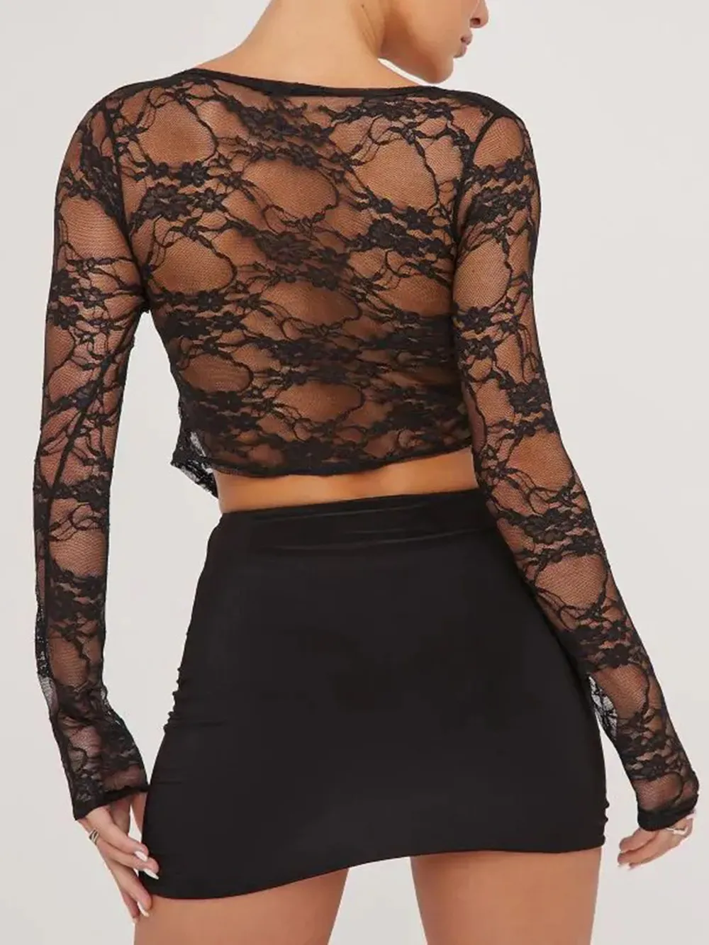 Tied Plunge Long Sleeve Lace Cropped Shirt, image 2