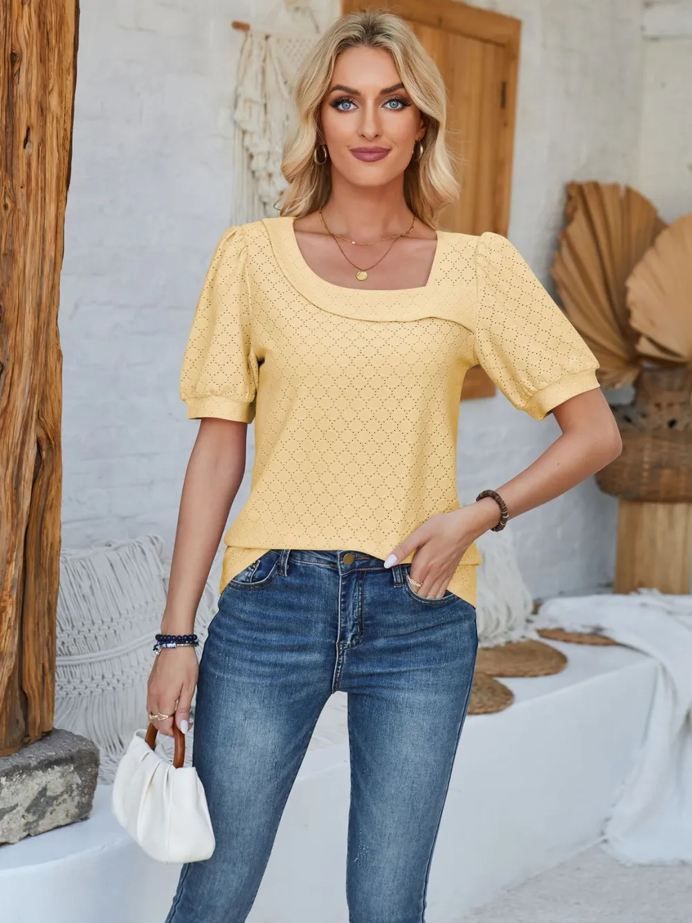 Eyelet Asymmetrical Neck Short Sleeve T-Shirt, image 22