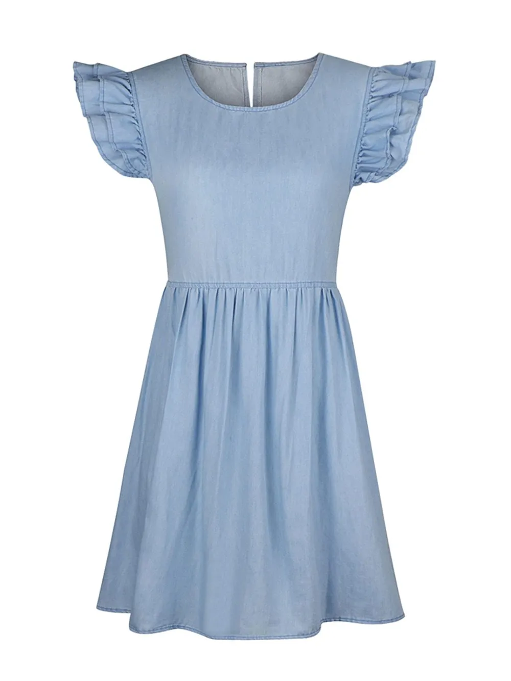 Full Size Ruffled Round Neck Cap Sleeve Denim Dress, image 8