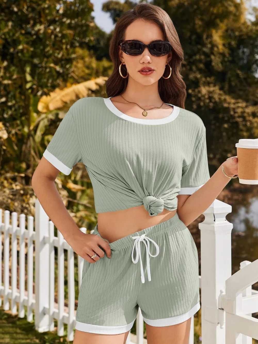 Ribbed Short Sleeve Top and Shorts Set, image 2