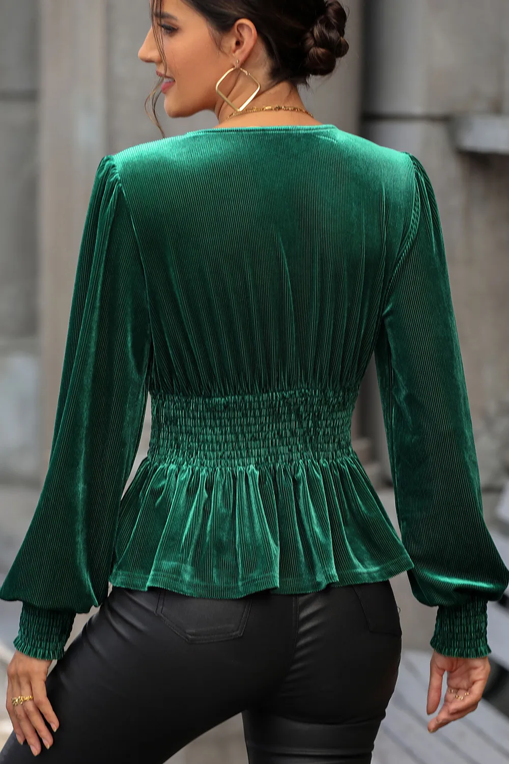 Smocked Surplice Lantern Sleeve Peplum Blouse, image 4