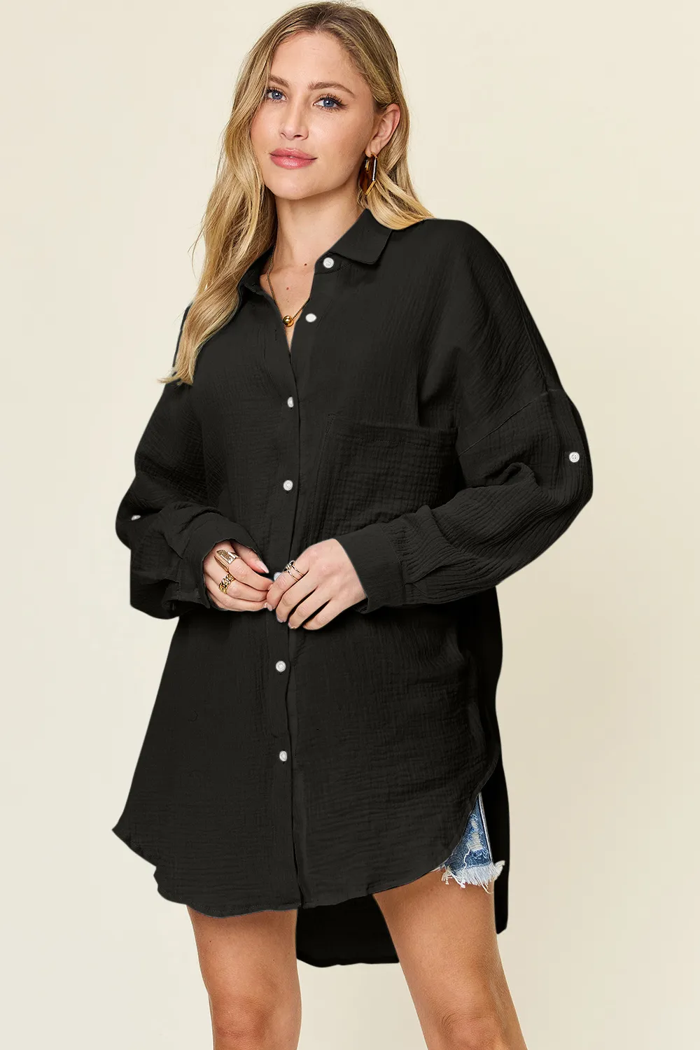 Full Size Pocketed Texture Button Up Shirt, image 12