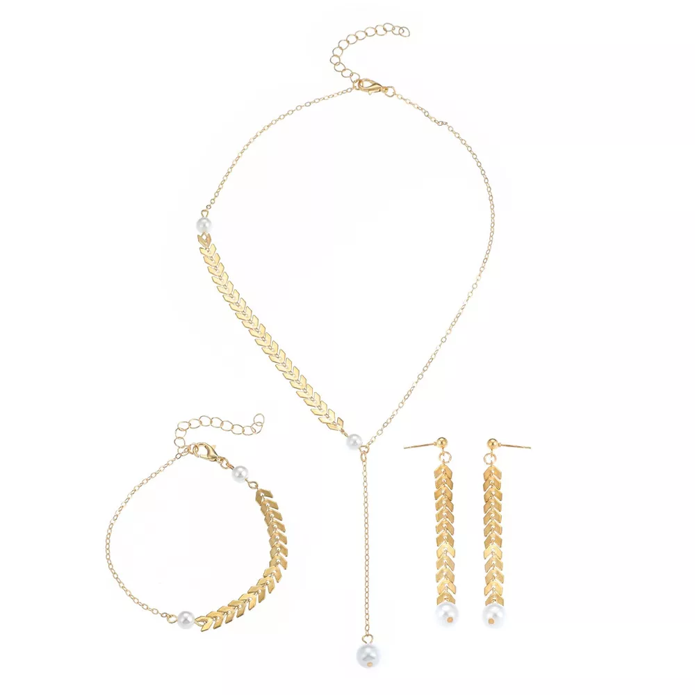 Wheat‑Spike Faux Pearl Necklace Bracelet Earrings 3‑Pcs Jewelry Set, image 11