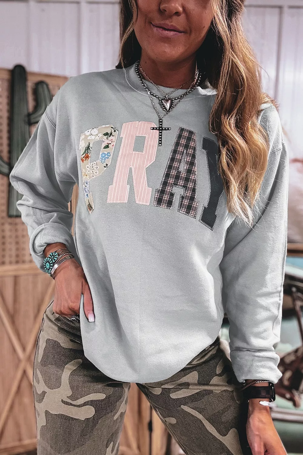 Floral Buffalo Plaid Striped Embroidered Patch Western Pullover Sweatshirt, image 2