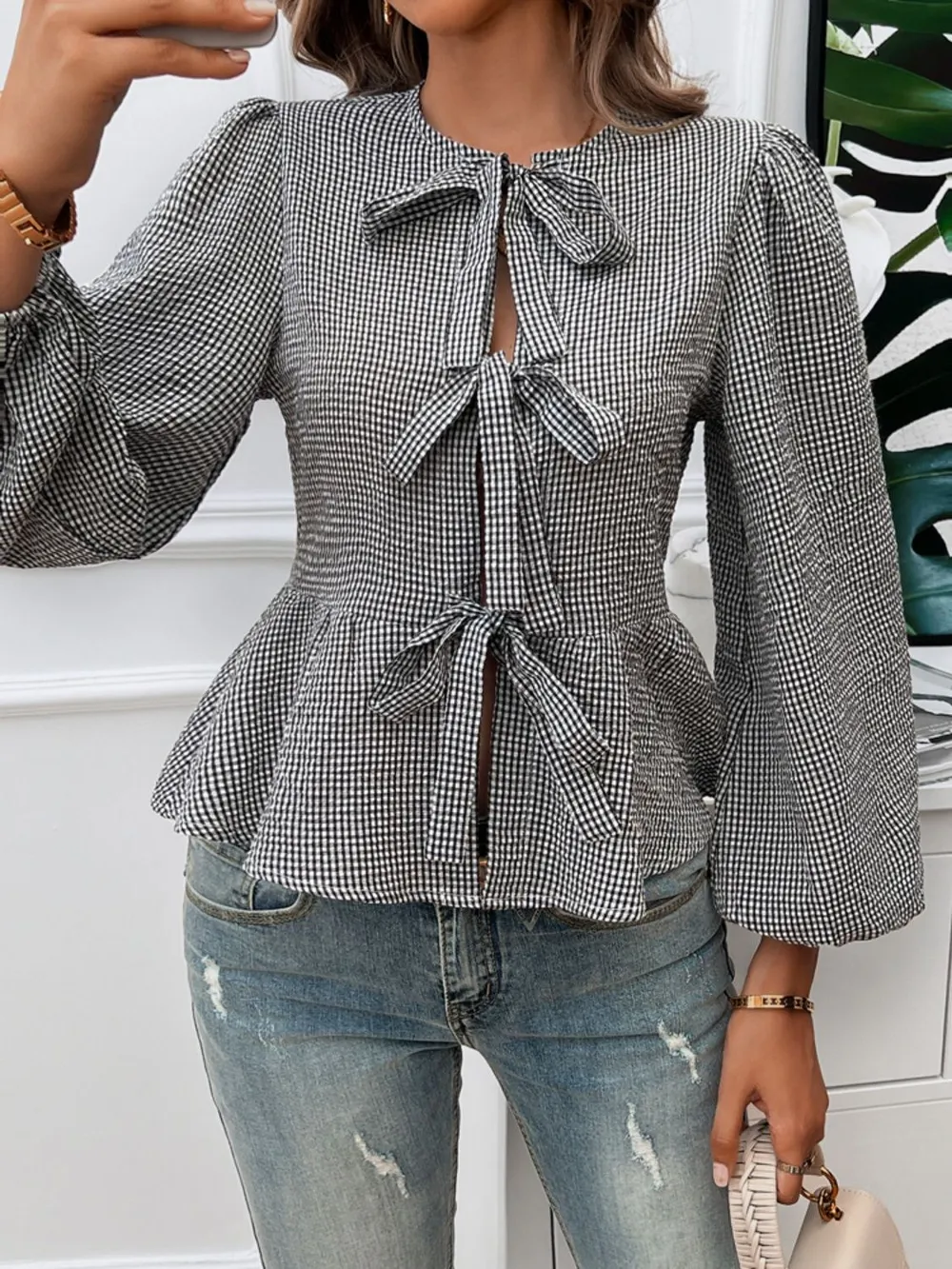 Tied Round Neck Long Sleeve Blouse, image 15